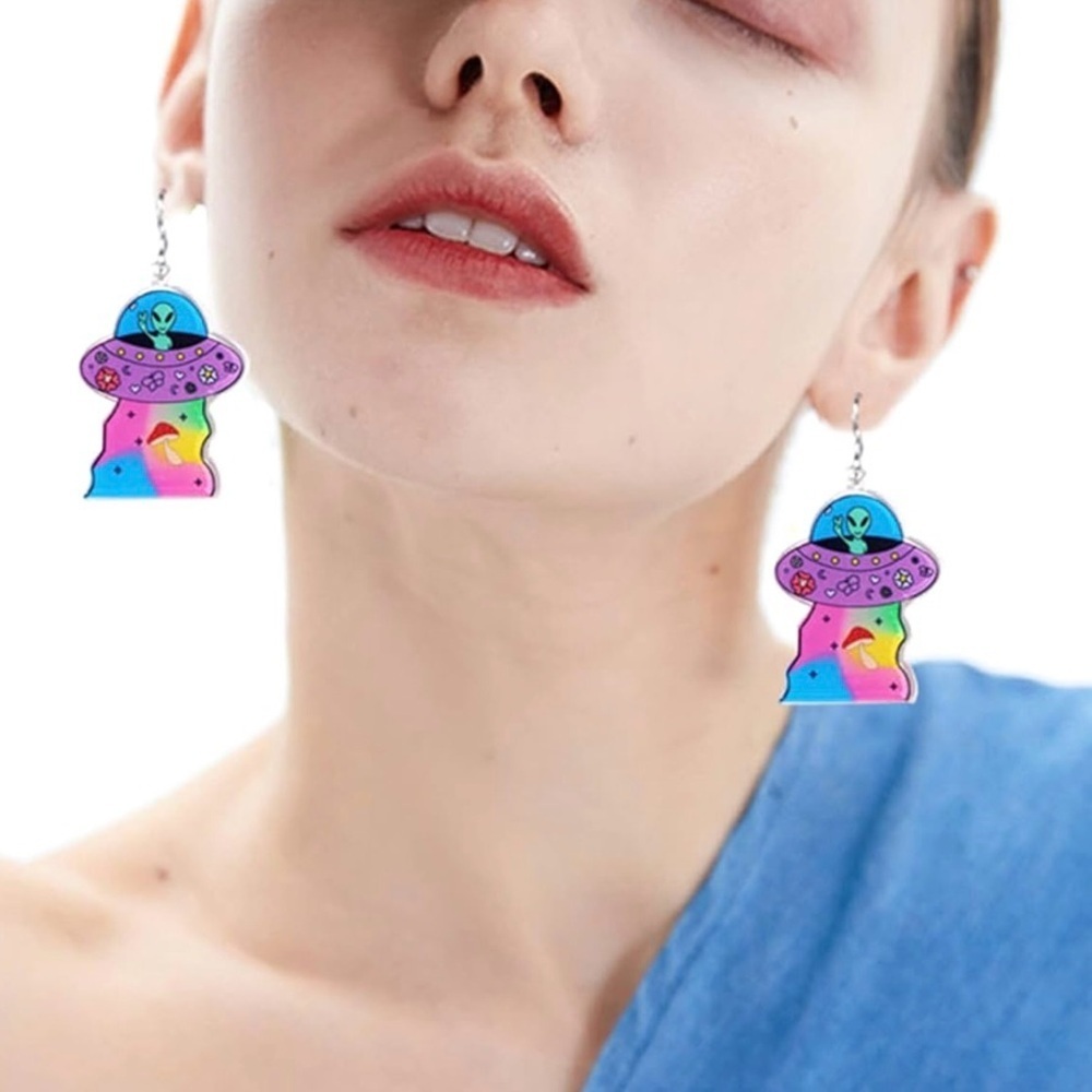 Colorful Alien UFO Acrylic Earrings – Halloween Weirdcore Space Jewelry - Picture 5 of 13